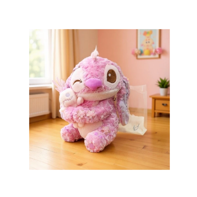 Stitch 35cm Rosa-Roxo com Flores + Bonequinho 20cm – Pelúcia Fofa e Exclusiva