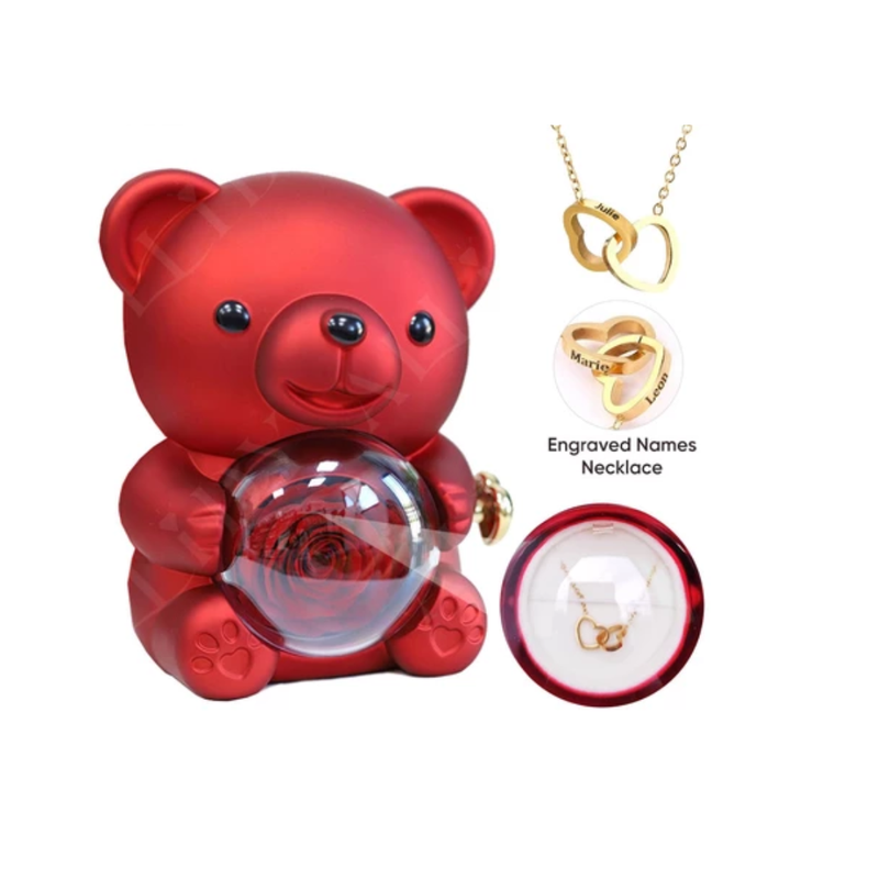 Colar Personalizado + Panda Teddybear + Caixa Giratória Rosa Eterna