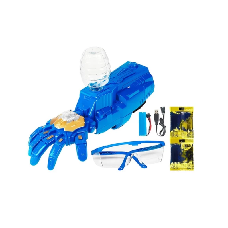 Luva Herói Lançador De Bolinhas De Gel Azul Automático Com Óculos e Bateria Recarregável
