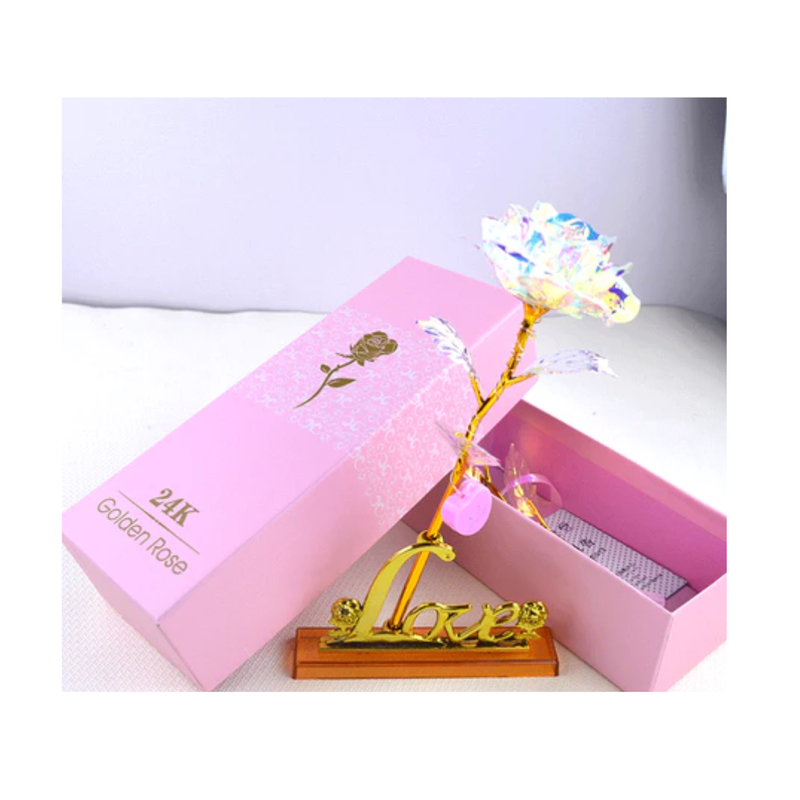 Rosa Galaxia Golden com Suporte Folha na Caixa de Presente