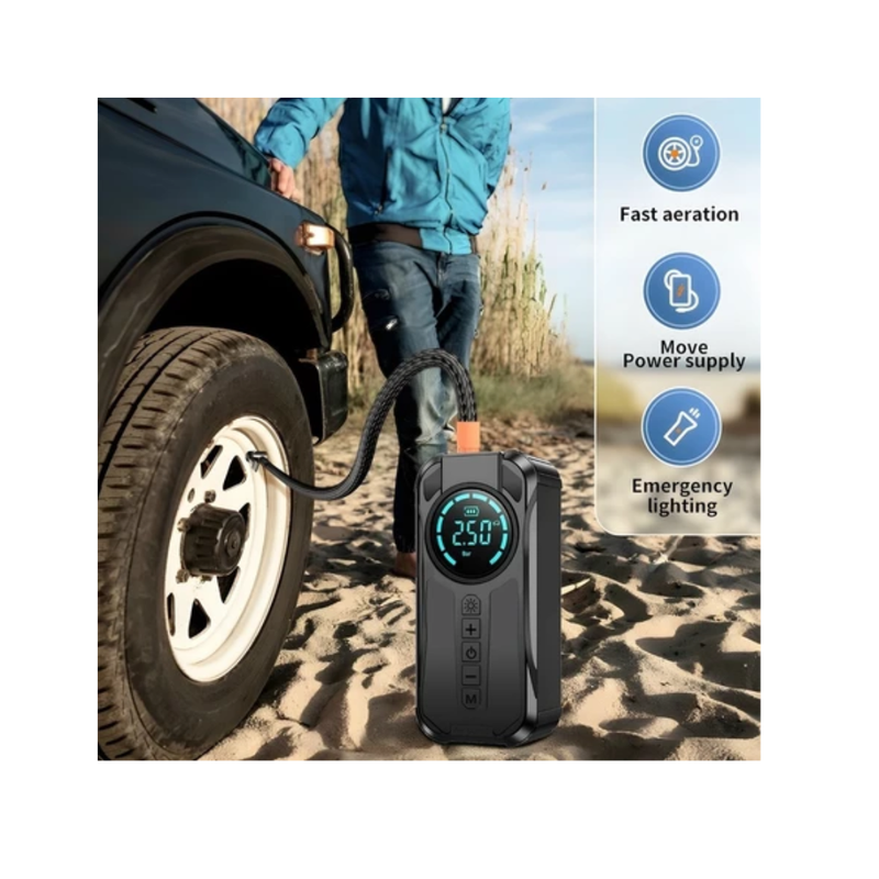 Bomba de Ar Portatil Compressor Inflator Multi-função 4 em 1 PowerBank 8kmah Bateria